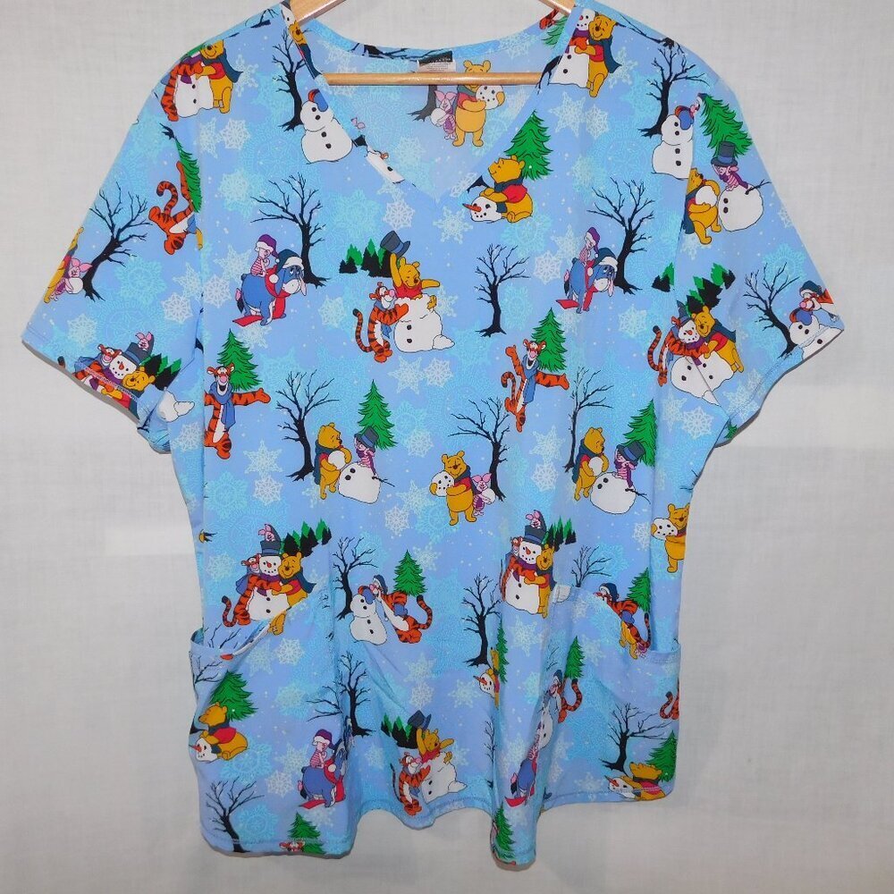 Disney Winnie the Pooh & Friends Winter blue Theme Snowman Scrub Top Womens 2XL